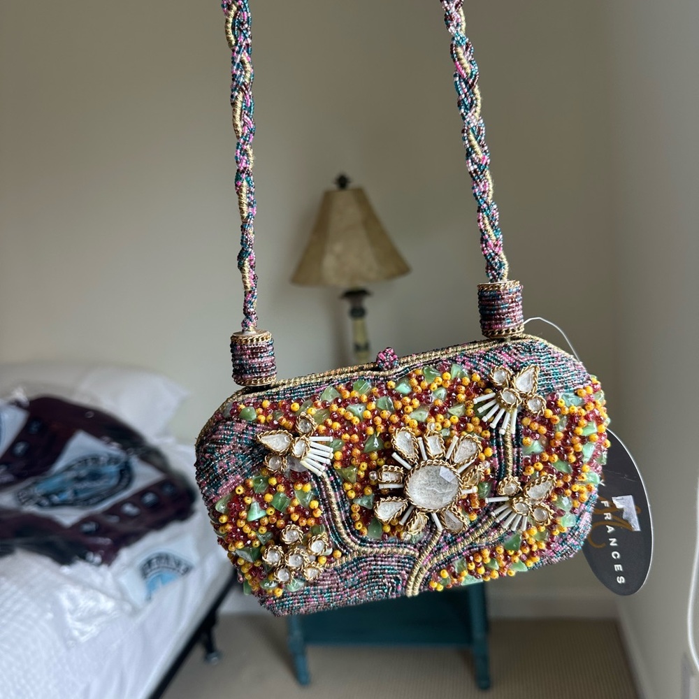 Mary Frances Gold Crystal Shoulder Bag with Silver Chain